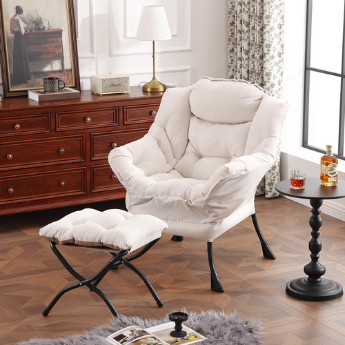 Lazy Chair with Ottoman, Modern Accent Chair with Armrests and a Side Pocket, Beige Accent Chairs, Reading Chairs, Oversized Armchairs for Bedroom, Study, Living Room, Courtyard