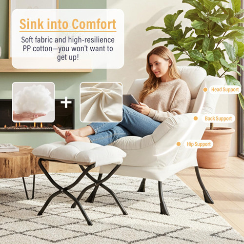 Lazy Chair with Ottoman, Modern Accent Chair with Armrests and a Side Pocket, Beige Accent Chairs, Reading Chairs, Oversized Armchairs for Bedroom, Study, Living Room, Courtyard