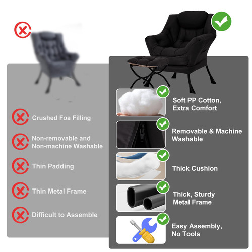 Lazy Chair with Ottoman, Modern Accent Chair with Armrests and a Side Pocket, Black Accent Chairs, Reading Chairs, Oversized Armchairs for Bedroom, Study, Living Room, Courtyard