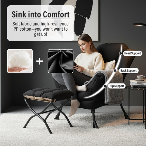Lazy Chair with Ottoman, Modern Accent Chair with Armrests and a Side Pocket, Black Accent Chairs, Reading Chairs, Oversized Armchairs for Bedroom, Study, Living Room, Courtyard