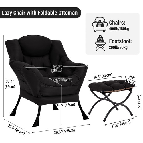 Lazy Chair with Ottoman, Modern Accent Chair with Armrests and a Side Pocket, Black Accent Chairs, Reading Chairs, Oversized Armchairs for Bedroom, Study, Living Room, Courtyard