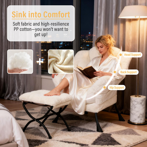 Lazy Chair with Ottoman, Modern Accent Chair with Armrests and a Side Pocket, Plush Beige Accent Chairs, Reading Chairs, Oversized Armchairs for Bedroom, Study, Living Room, Courtyard