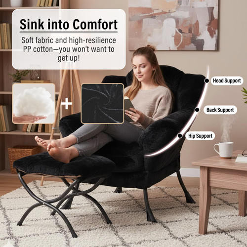 Lazy Chair with Ottoman, Modern Accent Chair with Armrests and a Side Pocket, Plush Black Accent Chairs, Reading Chairs, Oversized Armchairs for Bedroom, Study, Living Room, Courtyard