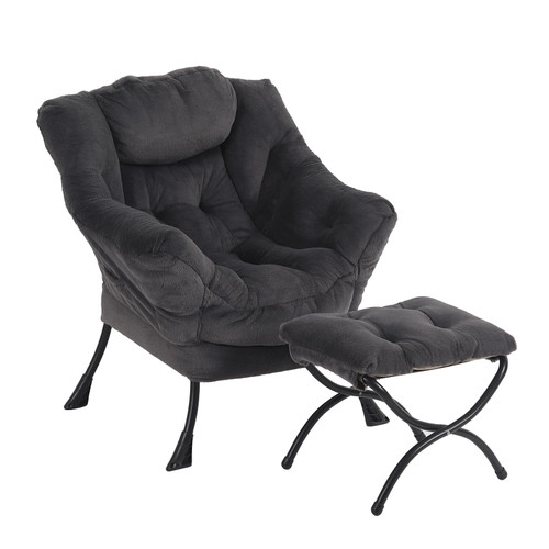 Lazy Chair with Ottoman, Modern Accent Chair with Armrests and a Side Pocket, Plush Navy Accent Chairs, Reading Chairs, Oversized Armchairs for Bedroom, Study, Living Room, Courtyard