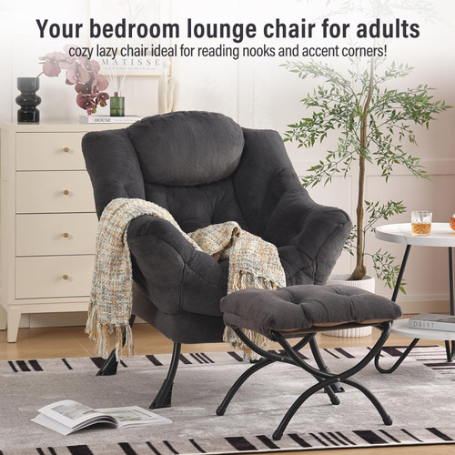 Lazy Chair with Ottoman, Modern Accent Chair with Armrests and a Side Pocket, Plush Navy Accent Chairs, Reading Chairs, Oversized Armchairs for Bedroom, Study, Living Room, Courtyard