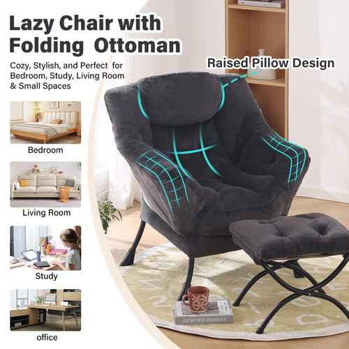 Lazy Chair with Ottoman, Modern Accent Chair with Armrests and a Side Pocket, Plush Navy Accent Chairs, Reading Chairs, Oversized Armchairs for Bedroom, Study, Living Room, Courtyard