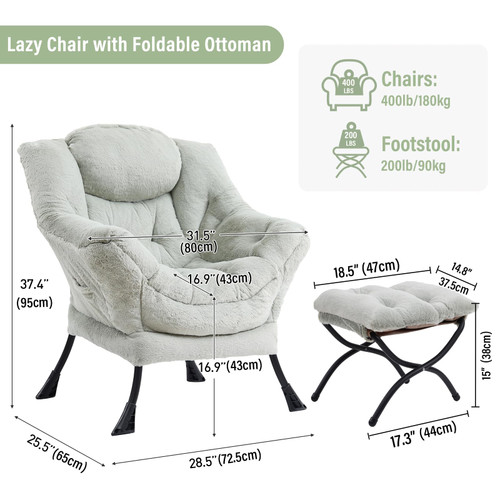 Lazy Chair with Ottoman, Modern Accent Chair with Armrests and a Side Pocket, Plush Green Accent Chairs, Reading Chairs, Oversized Armchairs for Bedroom, Study, Living Room, Courtyard