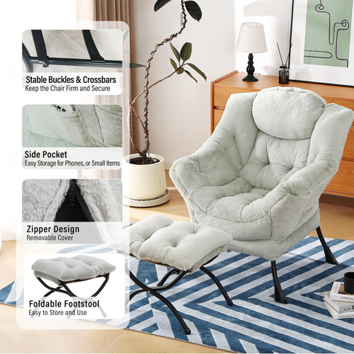 Lazy Chair with Ottoman, Modern Accent Chair with Armrests and a Side Pocket, Plush Green Accent Chairs, Reading Chairs, Oversized Armchairs for Bedroom, Study, Living Room, Courtyard