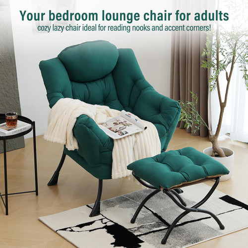 Lazy Chair with Ottoman, Modern Accent Chair with Armrests and a Side Pocket, Dark Green Accent Chairs, Reading Chairs, Oversized Armchairs for Bedroom, Study, Living Room, Courtyard