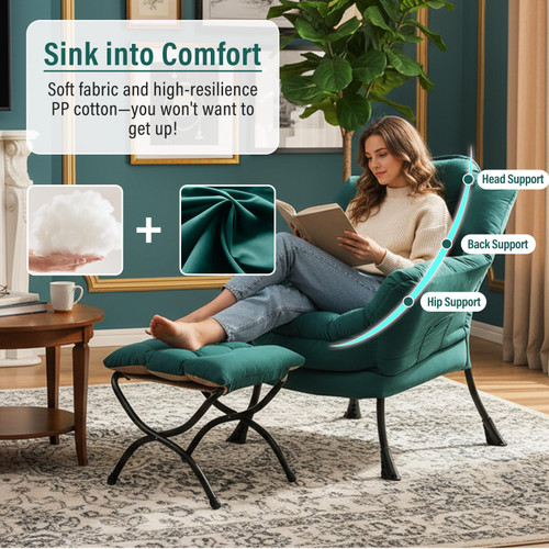 Lazy Chair with Ottoman, Modern Accent Chair with Armrests and a Side Pocket, Dark Green Accent Chairs, Reading Chairs, Oversized Armchairs for Bedroom, Study, Living Room, Courtyard