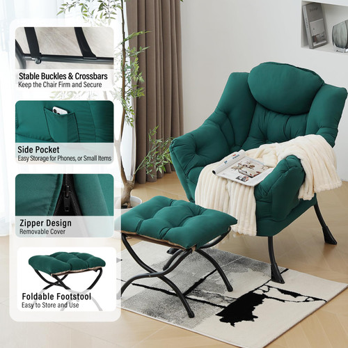 Lazy Chair with Ottoman, Modern Accent Chair with Armrests and a Side Pocket, Dark Green Accent Chairs, Reading Chairs, Oversized Armchairs for Bedroom, Study, Living Room, Courtyard