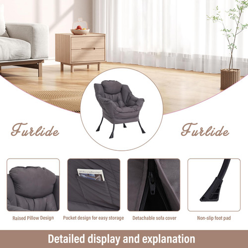 Lazy Chair for Living Room, Modern Accent Chairs with Armrests, Dark Grey Armchairs with Side Pocket, Cozy Lazy Sofa for Reading, Balcony, Bedroom, Dorm, Small Spaces
