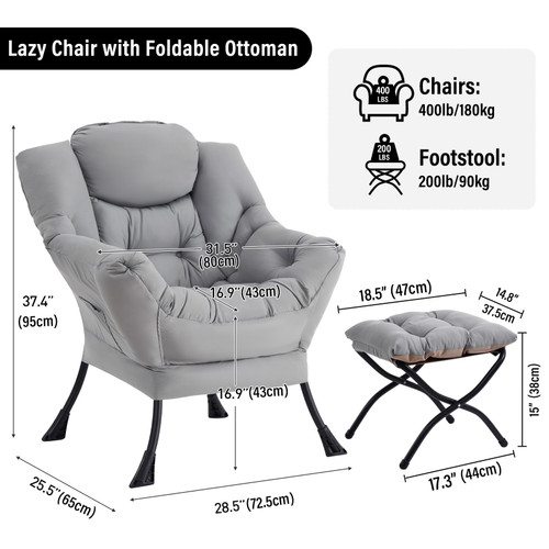 Lazy Chair with Ottoman, Modern Accent Chairs with Folding Footrest, Light Grey Sofa Chair Set, Comfortable Reading Chairs, Oversized Armchairs for Bedroom, Study, Living Room, Courtyard
