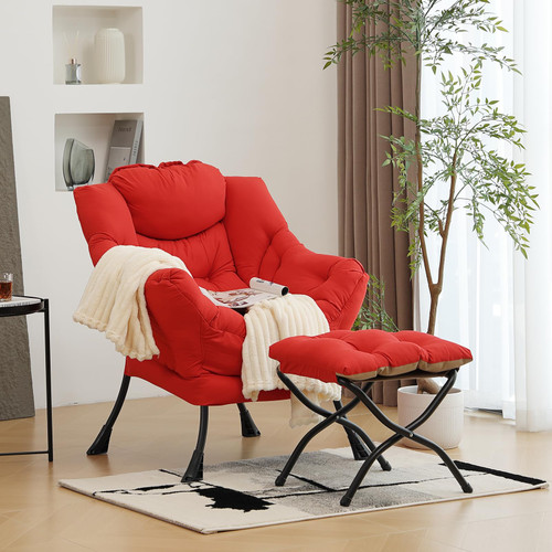 Lazy Chair with Ottoman, Modern Accent Chair with Armrests and a Side Pocket, Red Accent Chairs, Comfortable Reading Chairs, Oversized Armchairs for Bedroom, Study, Living Room, Courtyard