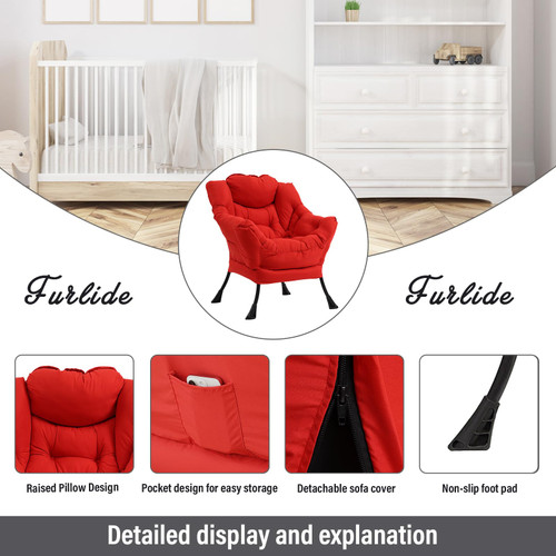 Lazy Chair with Ottoman, Modern Accent Chair with Armrests and a Side Pocket, Red Accent Chairs, Comfortable Reading Chairs, Oversized Armchairs for Bedroom, Study, Living Room, Courtyard