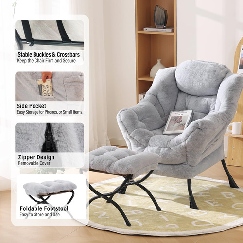 Lazy Chair with Ottoman, Modern Accent Chair with Armrests and a Side Pocket, Plush Grey Accent Chairs, Reading Chairs, Oversized Armchairs for Bedroom, Study, Living Room, Courtyard