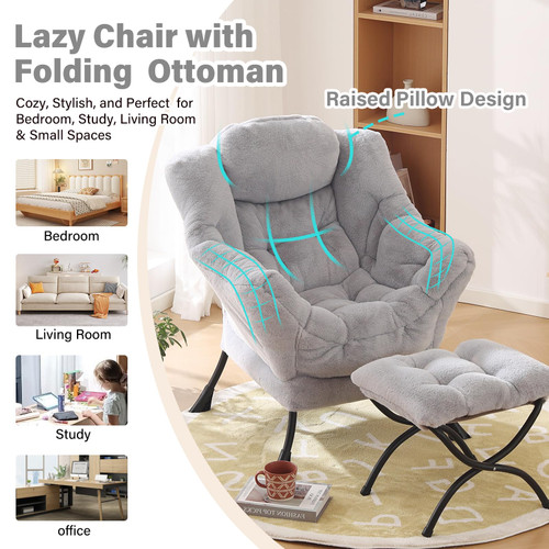 Lazy Chair with Ottoman, Modern Accent Chair with Armrests and a Side Pocket, Plush Grey Accent Chairs, Reading Chairs, Oversized Armchairs for Bedroom, Study, Living Room, Courtyard