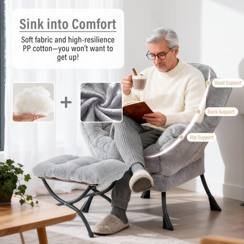 Lazy Chair with Ottoman, Modern Accent Chair with Armrests and a Side Pocket, Plush Grey Accent Chairs, Reading Chairs, Oversized Armchairs for Bedroom, Study, Living Room, Courtyard