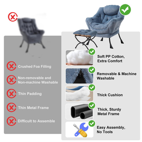 Lazy Chair with Ottoman, Modern Accent Chair with Armrests and a Side Pocket, Plush Light Blue Accent Chairs, Reading Chairs, Oversized Armchairs for Bedroom, Study, Living Room, Courtyard