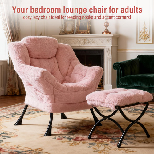 Lazy Chair with Ottoman, Modern Accent Chair with Armrests and a Side Pocket, Plush Pink Accent Chairs, Reading Chairs, Oversized Armchairs for Bedroom, Study, Living Room, Courtyard