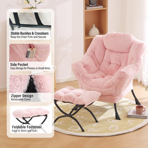 Lazy Chair with Ottoman, Modern Accent Chair with Armrests and a Side Pocket, Plush Pink Accent Chairs, Reading Chairs, Oversized Armchairs for Bedroom, Study, Living Room, Courtyard