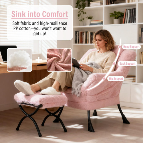 Lazy Chair with Ottoman, Modern Accent Chair with Armrests and a Side Pocket, Plush Pink Accent Chairs, Reading Chairs, Oversized Armchairs for Bedroom, Study, Living Room, Courtyard