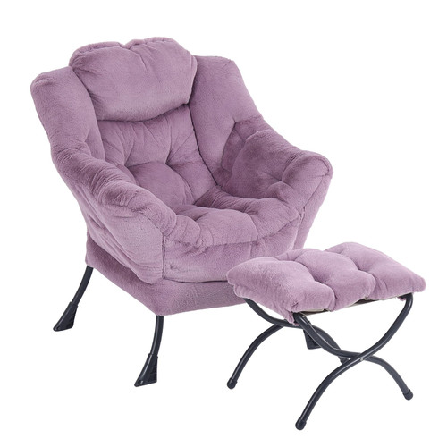 Lazy Chair with Ottoman, Modern Accent Chair with Armrests and a Side Pocket, Plush Purple Accent Chairs, Reading Chairs, Oversized Armchairs for Bedroom, Study, Living Room, Courtyard