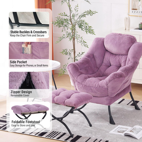 Lazy Chair with Ottoman, Modern Accent Chair with Armrests and a Side Pocket, Plush Purple Accent Chairs, Reading Chairs, Oversized Armchairs for Bedroom, Study, Living Room, Courtyard