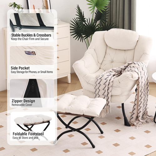Lazy Chair with Ottoman, Modern Chair with Folding Footrest, Lounge Accent Chair, Comfortable Reading Chair, Oversized Armchairs for Bedroom, Study, Living Room, Courtyard (Beige)