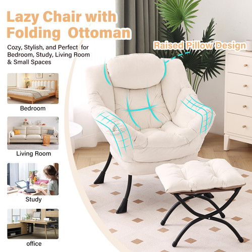 Lazy Chair with Ottoman, Modern Chair with Folding Footrest, Lounge Accent Chair, Comfortable Reading Chair, Oversized Armchairs for Bedroom, Study, Living Room, Courtyard (Beige)