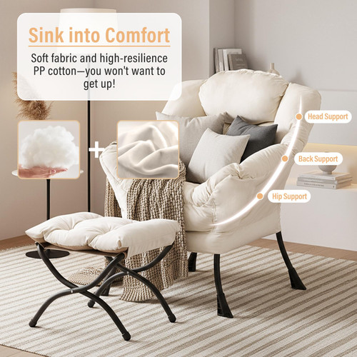 Lazy Chair with Ottoman, Modern Chair with Folding Footrest, Lounge Accent Chair, Comfortable Reading Chair, Oversized Armchairs for Bedroom, Study, Living Room, Courtyard (Beige)