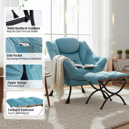 Lazy Chair with Ottoman, Modern Accent Chairs with Folding Footrest, Velvet Light Blue Sofa Chair Set, Reading Chairs, Oversized Armchairs for Bedroom, Study, Living Room, Courtyard