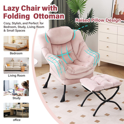 Lazy Chair with Ottoman, Modern Chair with Folding Footrest, Lounge Accent Chair, Comfortable Reading Chair, Oversized Armchairs for Bedroom, Study, Living Room, Courtyard (Pink)