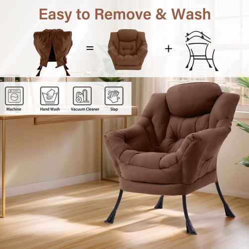 Lazy Chair for Living Room, Modern Accent Chairs with Armrests, Dark Brown Armchairs with Side Pocket, Cozy Lazy Sofa for Reading, Balcony, Bedroom, Dorm, Small Spaces
