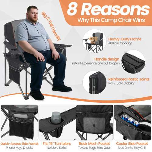 2 Pack Heavy Duty Oversized Camping Chair for Adults 400lbs w/Lumbar Support - Folding Chairs with Side Pocket, Cup Holder & Cooler Bag for Beach, Fishing, Lawn, Backyard Black