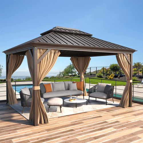 12' X 14' gazebos on Clearance, Hardtop Gazebo Aluminum Gazebos with Galvanized Steel Double Roof for Patio Lawn and Garden, Curtains and Netting Included, Dark Bronze