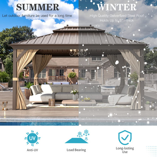 12' X 14' gazebos on Clearance, Hardtop Gazebo Aluminum Gazebos with Galvanized Steel Double Roof for Patio Lawn and Garden, Curtains and Netting Included, Dark Bronze