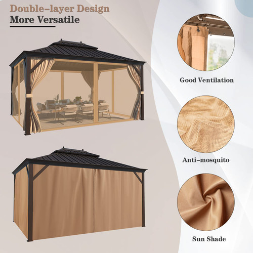 10' X 12' Permanent Hardtop Gazebo Aluminum Gazebos with Galvanized Steel Double Roof for Patio Lawn and Garden, Curtains and Netting Included, Dark Bronze