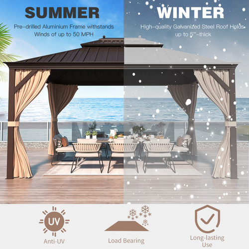 10' X 12' Permanent Hardtop Gazebo Aluminum Gazebos with Galvanized Steel Double Roof for Patio Lawn and Garden, Curtains and Netting Included, Dark Bronze