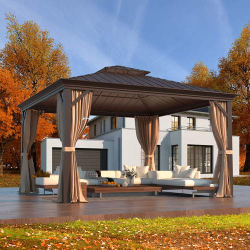 12' x 12' Gazebo Hardtop Double Roof Galvanized Steel Gazebos with Netting and Curtains Outdoor Aluminum Frame Permanent Metal Pavilion for Patio Backyard Deck and Lawns