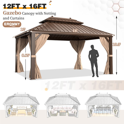 12'x16' Hardtop Gazebo Galvanized Steel Outdoor Aluminum Double Roof Canopy with Netting and Shaded Curtains Permanent Metal Pavilion for Patio, Backyard and Deck