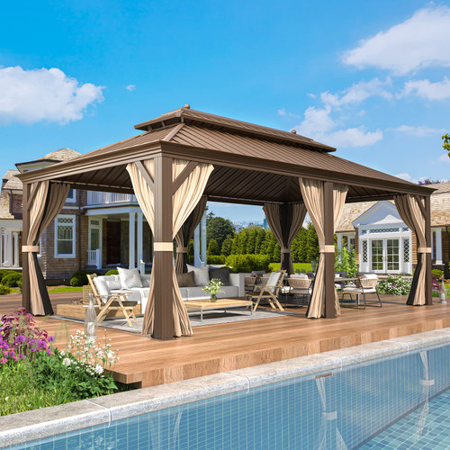 12' x 20' Gazebo Hardtop Double Roof Galvanized Steel Canopy with Netting and Curtains Outdoor Aluminum Frame Permanent Metal Pavilion for Patio Backyard Deck and Lawns
