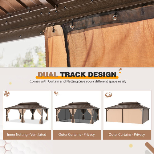 12' x 20' Gazebo Hardtop Double Roof Galvanized Steel Canopy with Netting and Curtains Outdoor Aluminum Frame Permanent Metal Pavilion for Patio Backyard Deck and Lawns