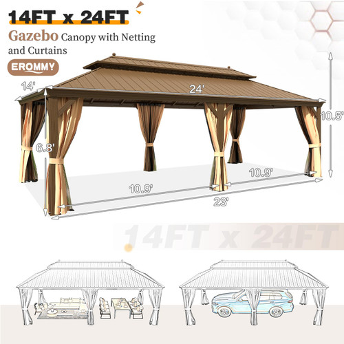 14'x24' Hardtop Gazebo Double Roof Galvanized Steel Outdoor Gazebos with Aluminum Frame, Netting and Curtains, Permanent Metal Pavilion for Patio Backyard Deck and Lawns
