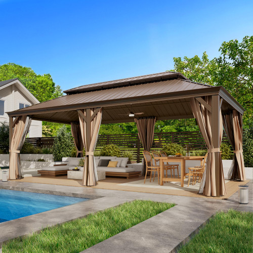  12'x24' Hardtop Gazebo Double Roof Galvanized Steel Canopy Outdoor Aluminum Frame Permanent Metal Pavilion with Netting and Curtains for Patio Backyard Deck and Lawns