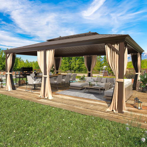 14'x20' Hardtop Gazebo Double Roof Galvanized Steel Canopy Outdoor Aluminum Frame Permanent Metal Pavilion with Netting and Curtains for Patio Backyard Deck and Lawns