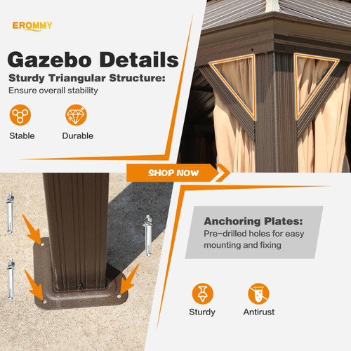 14'x20' Hardtop Gazebo Double Roof Galvanized Steel Canopy Outdoor Aluminum Frame Permanent Metal Pavilion with Netting and Curtains for Patio Backyard Deck and Lawns