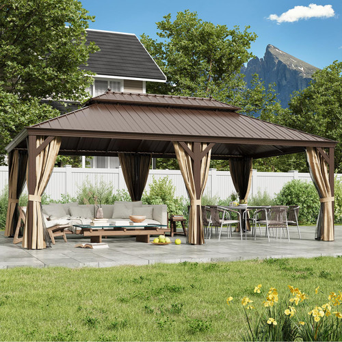 14'x22' Hardtop Gazebo Double Roof Galvanized Steel Canopy Outdoor Aluminum Frame Permanent Metal Pavilion with Netting and Curtains for Patio Backyard Deck and Lawns