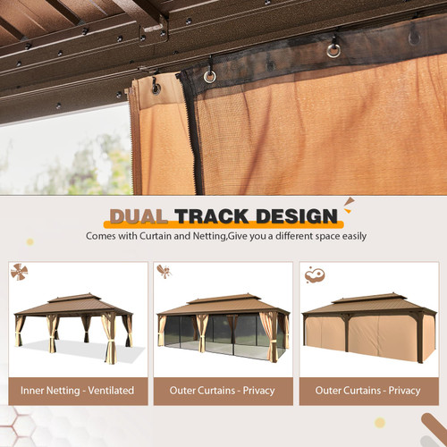 14'x22' Hardtop Gazebo Double Roof Galvanized Steel Canopy Outdoor Aluminum Frame Permanent Metal Pavilion with Netting and Curtains for Patio Backyard Deck and Lawns