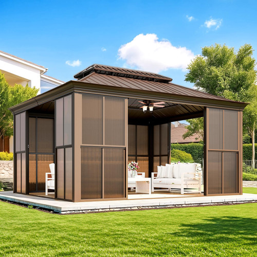 12' X 14' Hardtop Sunroom, Galvanized Steel Double Roof Gazebo Solarium with Detachable Windows & Lockable Doors, All-Weather Sun Room for Patio Deck Backyard